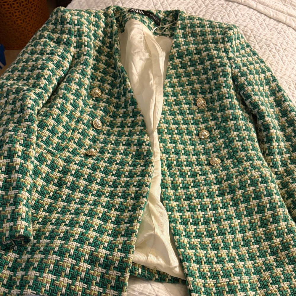 Zara Green and Cream Woven Jacket